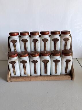Vintage Griffith Laboratories 1940s-50s Milk Glass Set of 12 Spice Jars and Rack